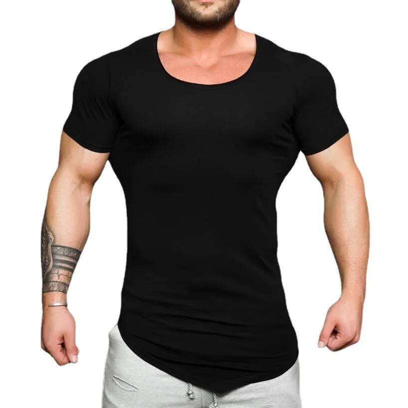 Summer Large Round Neck Cotton Short Sleeve T-shirt Mens Irregular Hem Slim Fit T Shirt Gym Clothing Bodybuilding Fitness Tshirt