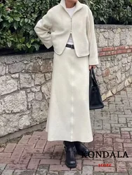 KONDALA Casual Vintage Chic Solid Women Suit Turn-down Collar Zipper Short Jackets Loose Skirt Fashion 2024 Autumn Winter Sets