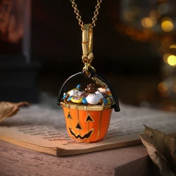 1Pc Fashion Orange Enamel Funny Candy Pumpkin Bucket Pendant Necklace for Women Sweet Cool Party Jewelry Halloween Gift