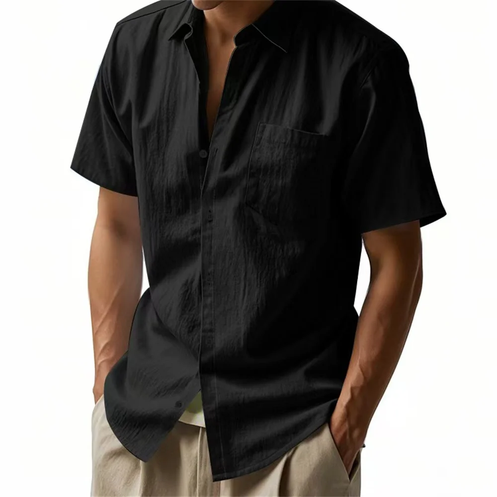 New summer solid color linen lapel short-sleeve shirt for men, loose casual pocket American style fashion shirt