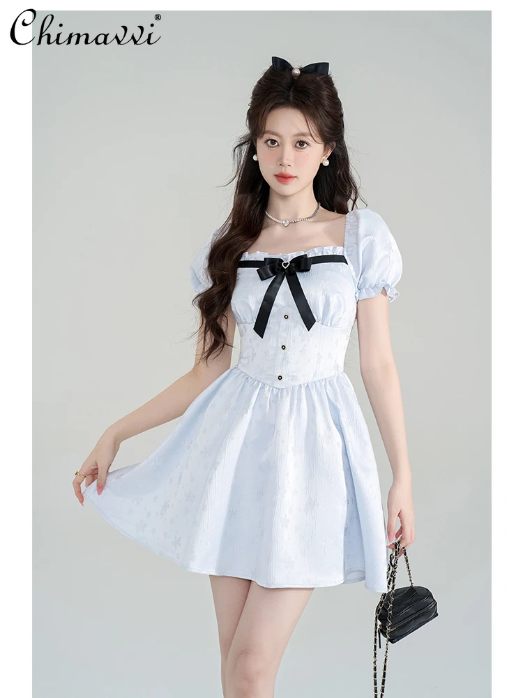 

French Retro Jacquard Bow Square Collar Puff Sleeve High Waist Slim Fit A-line Blue Sweet Princess Short Dress Women's Summer