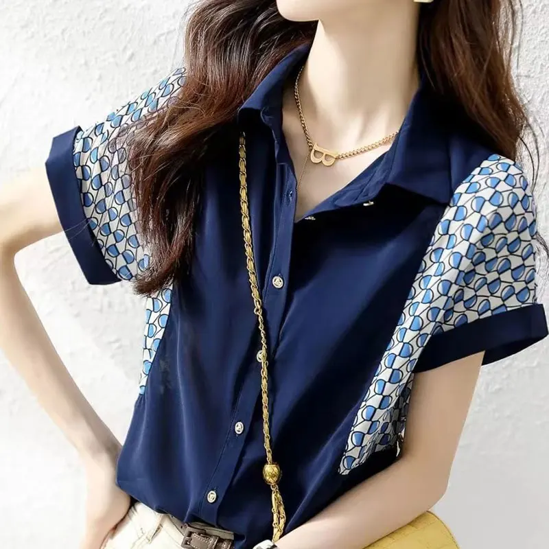 Commute Stylish Turn-down Collar Shirt Women\'s Clothing Chic Single-breasted Summer Printed Patchwork All-match Chiffon Blouse