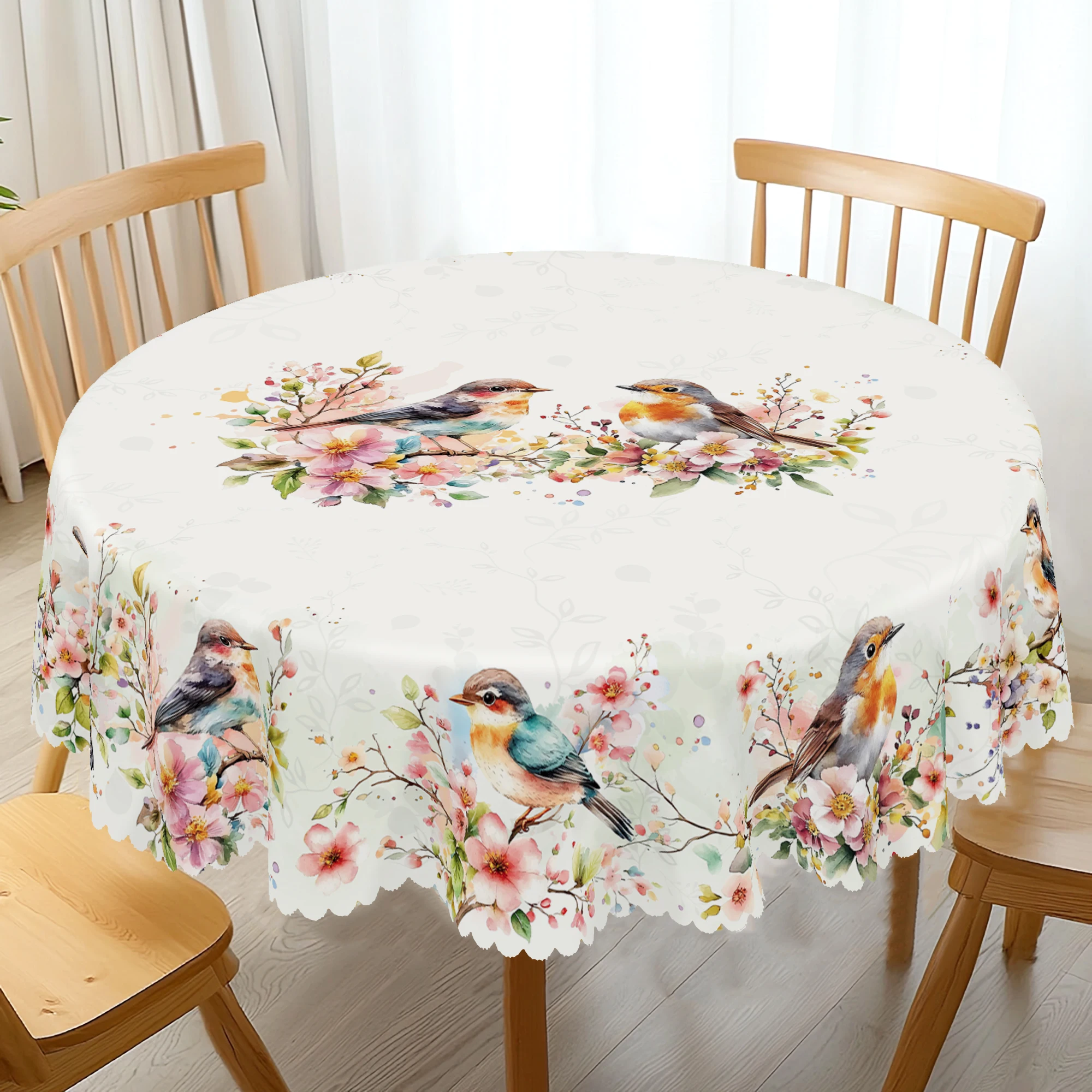 1 Piece of Spring Flower and Bird Round and Rectangular Tablecloths, Various Sizes Available, Spring Flower and Bird Pattern Printed Decorative Tablecloths, Retro Farmhouse Theme Tablecloths for Home Kitchen, Indoor and Outdoor Use, Suitable Gifts