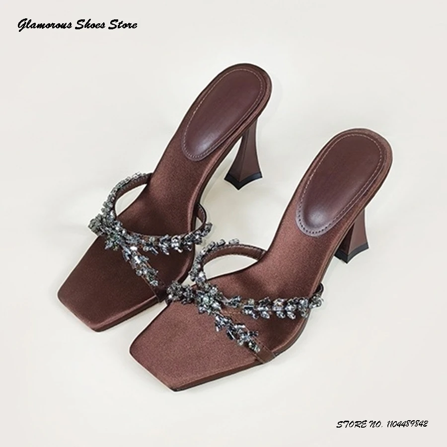 

Crystal Embellished Cross Strap Satin Mules Women's Square Open Toe Thin Heels Party Shoes Summer Fashion Dress Evening Slippers