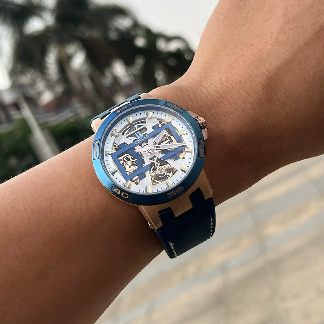 مستطيل الرياضة الهيكل العظمي مضيئة العسكرية التلقائي ساعة ميكانيكية للرجال الصلب حزام من الجلد الياقوت مقاوم للماء UM