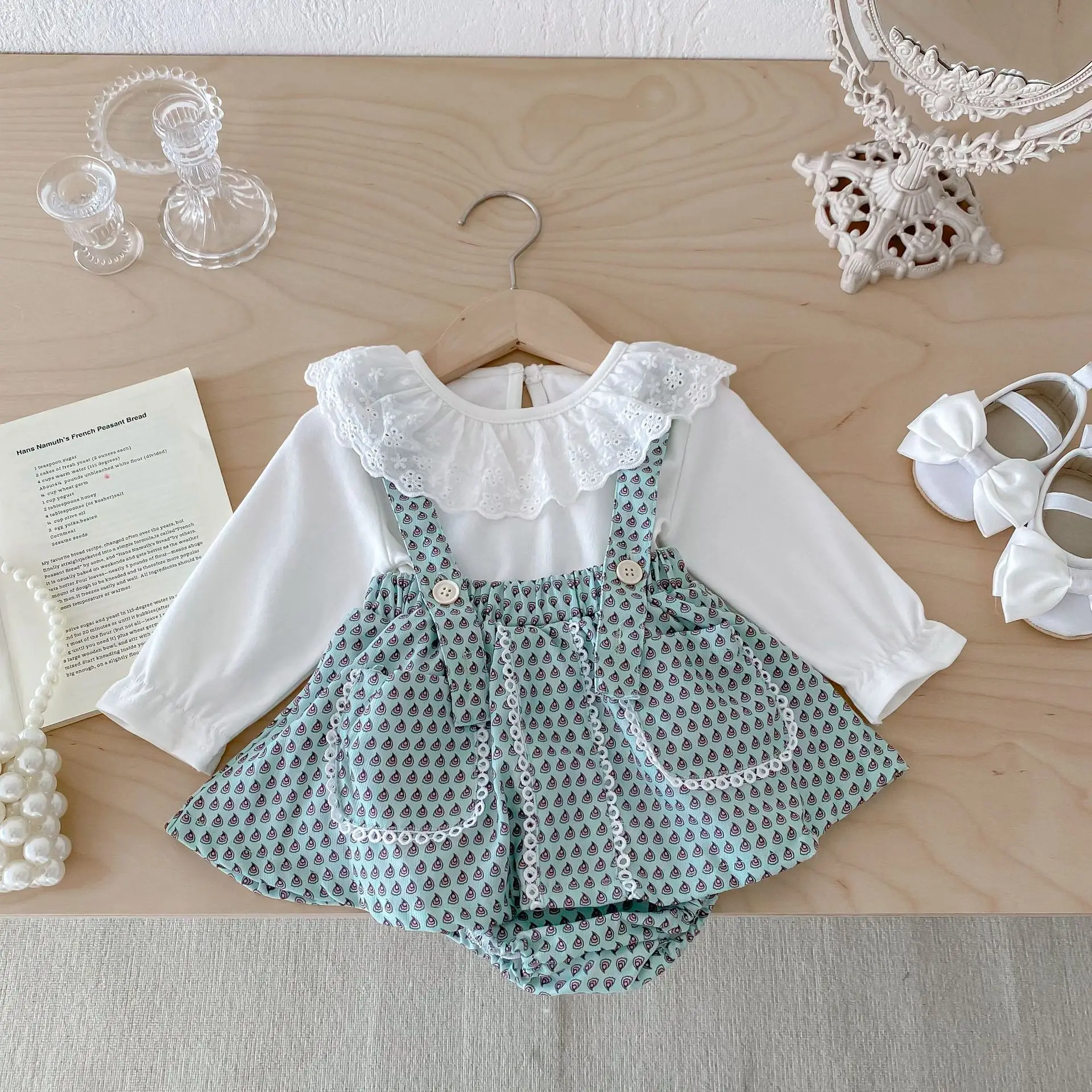 2024 Ins Autumn Baby Girls 2PCS Clothes Set Cotton Solid Shirts Strappy Lace Pocket Printed Skirts Suit Toddler Girls Outfits