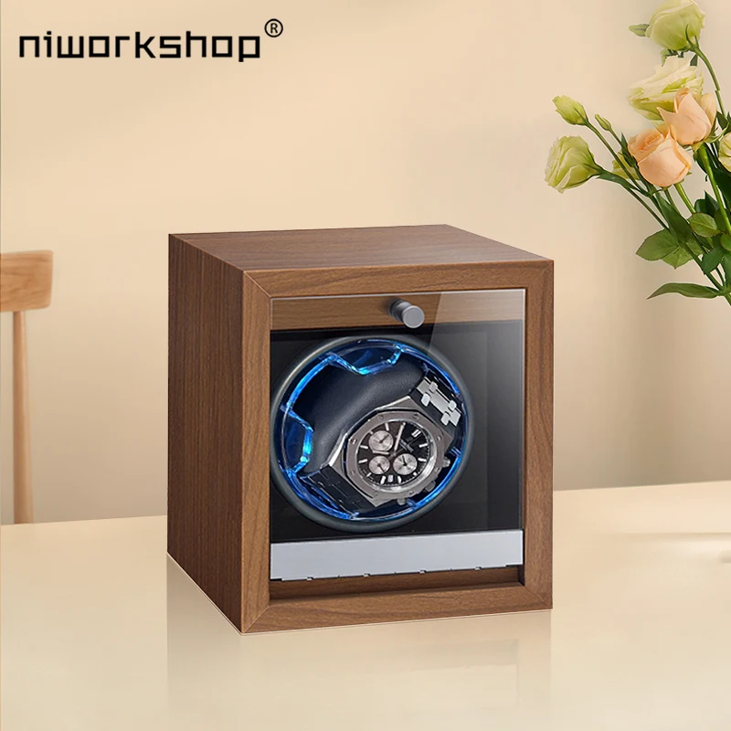 Niworkshop Watch Winder For Automatic Watches,1 Slot Luxury Wood Watches Box with Quiet Motor & LED Atmosphere Lamp