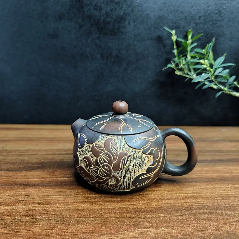 Qinzhou Nixing Pottery Teapot Famous Handmade Raw Mineral Ni Material Floating Carving Lotus Small Capacity Tea Set