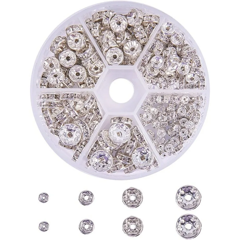 Elite About 160 Pcs Brass Crystal Rondelle Rhinestone Spacer Beads Diameter 4mm 6mm 8mm 10mm for Jewelry Making Silver