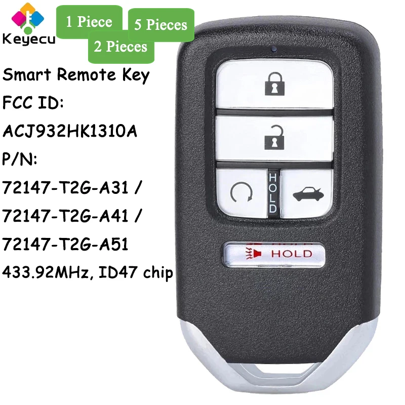 

KEYECU Smart Remote Control Car Key With 5 Buttons 433MHz ID47 Chip for Honda Accord 2016 2017 2018 Fob FCC ID: ACJ932HK1310A