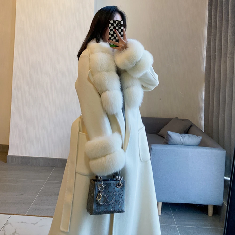 

FURYOUME 2024 Winter Women X-long Cashmere Wool Blends Real Fur Coat Luxury Jacket Belt Natural Fox Fur Collar Cuffs Streetwear