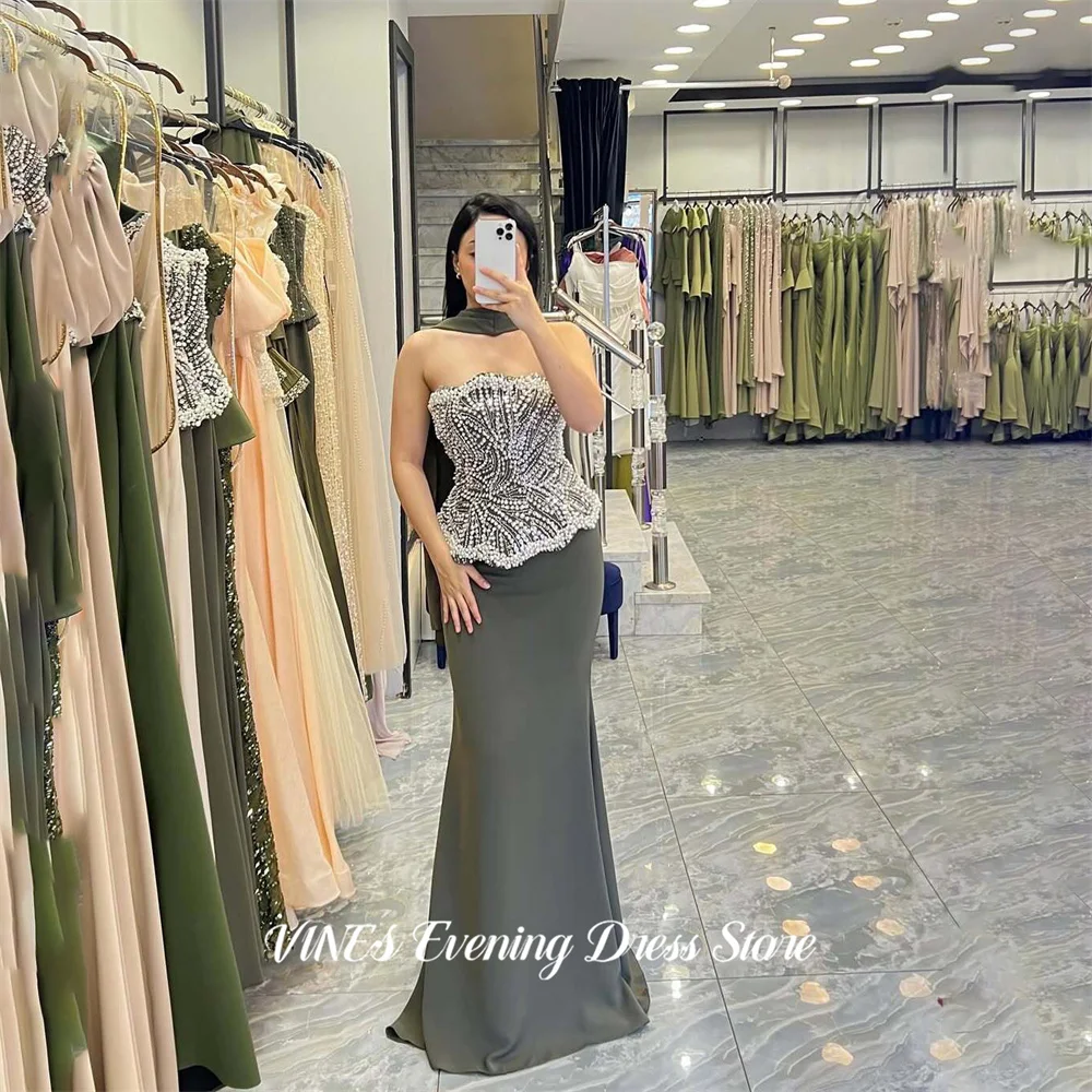 

VINES Olive Green Evening Dresses Strapless Mermaid Gala Dress with Pearls Bodice Prom Dress Zipper Back Party Dress Customized