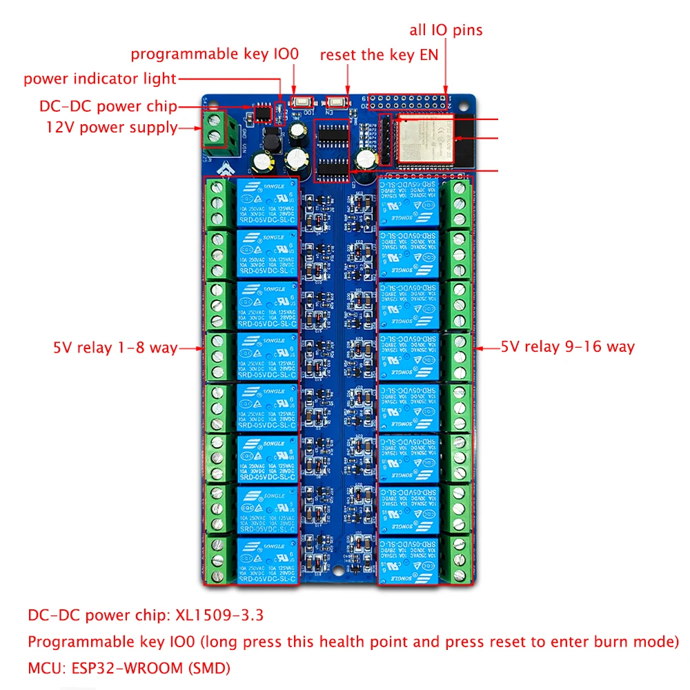 ESP32 16 Way Relay Module Development Board DC 5V-12V for Smart Home ESP32-WROOM Secondary Development Module Relay Board