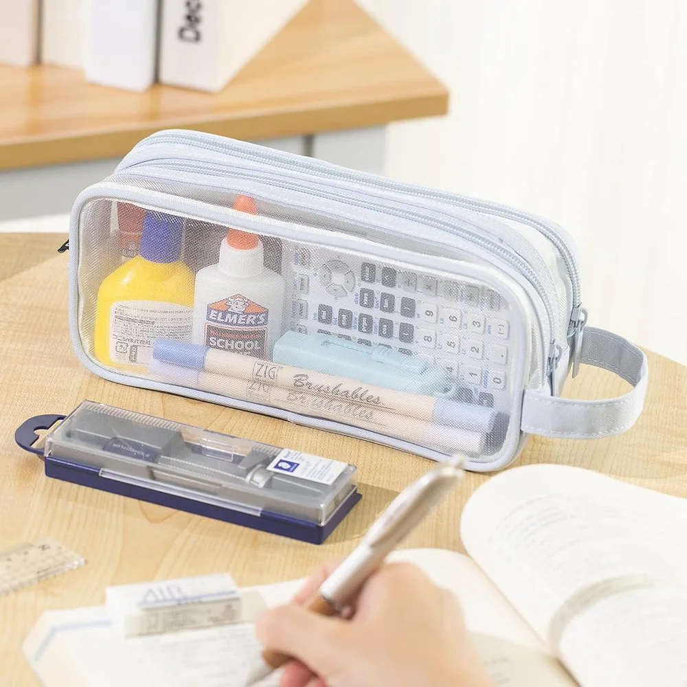 Large Mesh Pencil Case Double Layer Transparent Pencil Pouch, Handheld Multifunctional Cosmetic Bag, Suitable for School Office