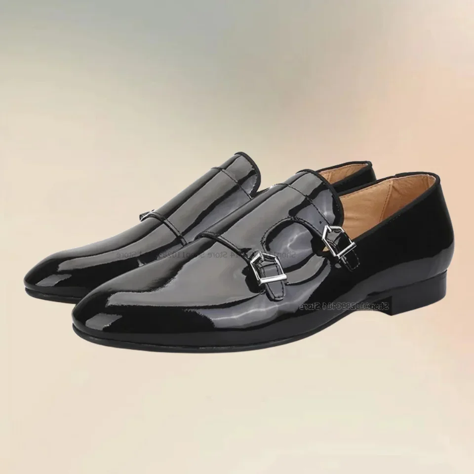 

Metal Buckle Decor Black Patent Leather Loafers Fashion Comfort Slip On Men Shoes Novel Handcraft Party Wedding Men Dress Shoes