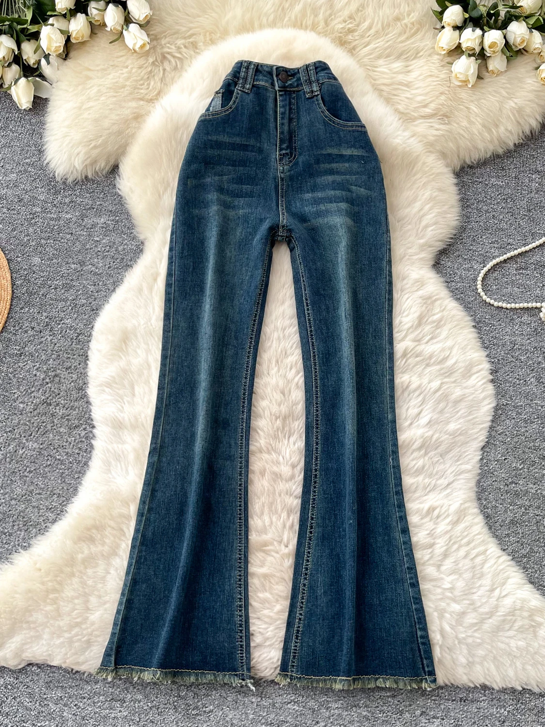 

American Retro High Waist Casual Denim Flared Pants Women's Spring New Loose Slimming Versatile Straight Tassel Long Pants