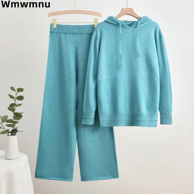 

Korea Fashion Women Knitted 2 Piece Sets Causal Hooded Sweater Coats Tops Conjunto High Waist Ankle Length Wide Leg Pants Suit
