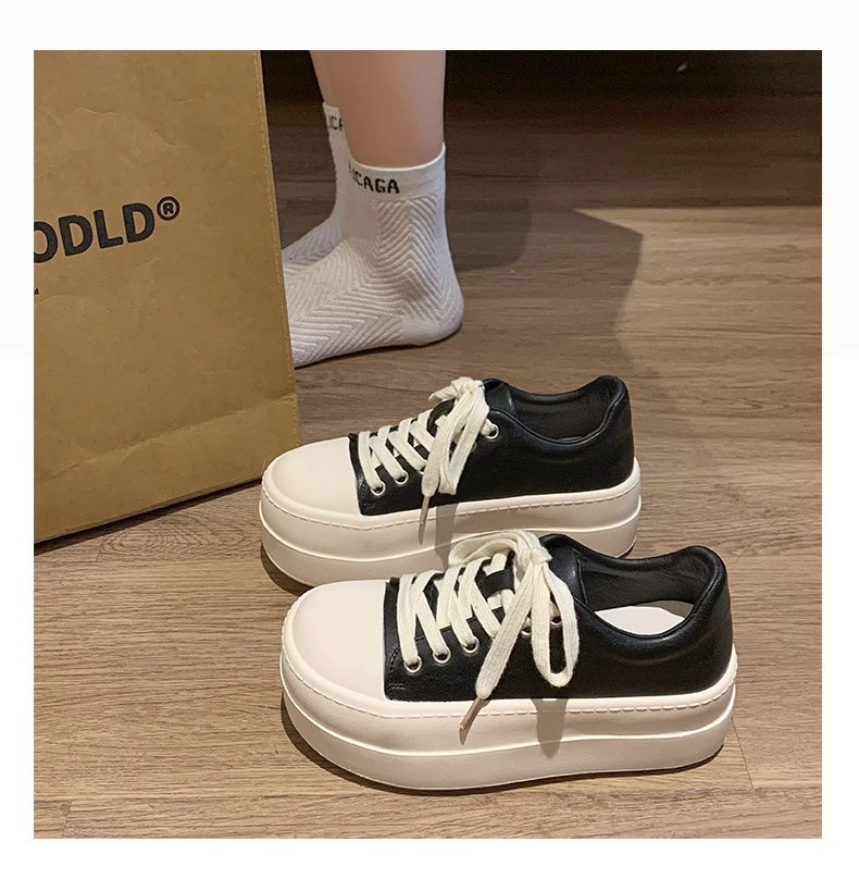 Neue schwarze klobige Plateauschuhe für Damen, Schnür-Sneaker aus Kunstleder, höhenvergrößernde Turnschuhe für Teenager-Mädchen, Damenschuhe für alle Jahreszeiten – Detail 23