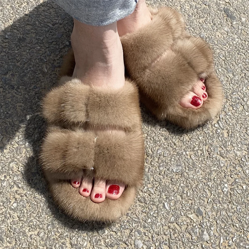 Sandali di pelliccia firmati di marca nuovi stili pantofole in vera pelliccia di visone da donna scivoli invernali di alta qualità scarpe infradito