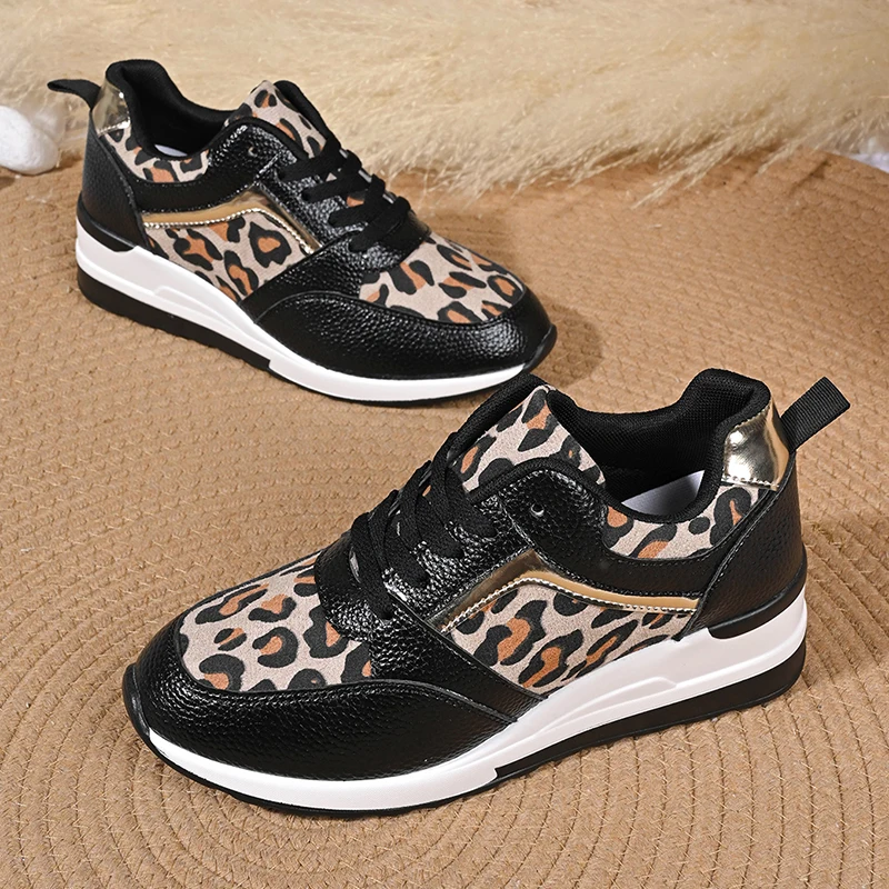 Leopard Wedge Sneakers Women Spring 2025 Chunky Platform Lace Up Vulcanized Shoes Woman Plus Size 43 Casual Shoes Trainers Mujer