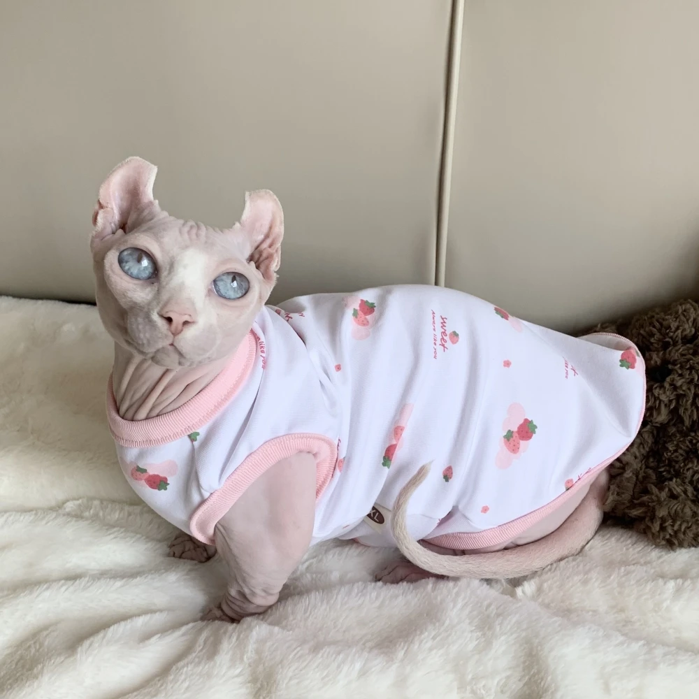 Sweet Cotton Shirt for Sphynx Female Cat Clothes Soft Pink Short Sleeves Vest for Kittens Cute Strawberry Coat for Devon Rex