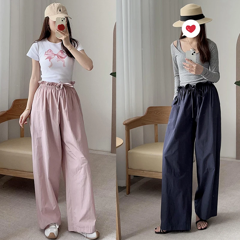 

Женские повседневные брюки с высокой талией и широкими штанинами, на резинке, свободного кроя, легкие, для весны и лета, 2 цвета