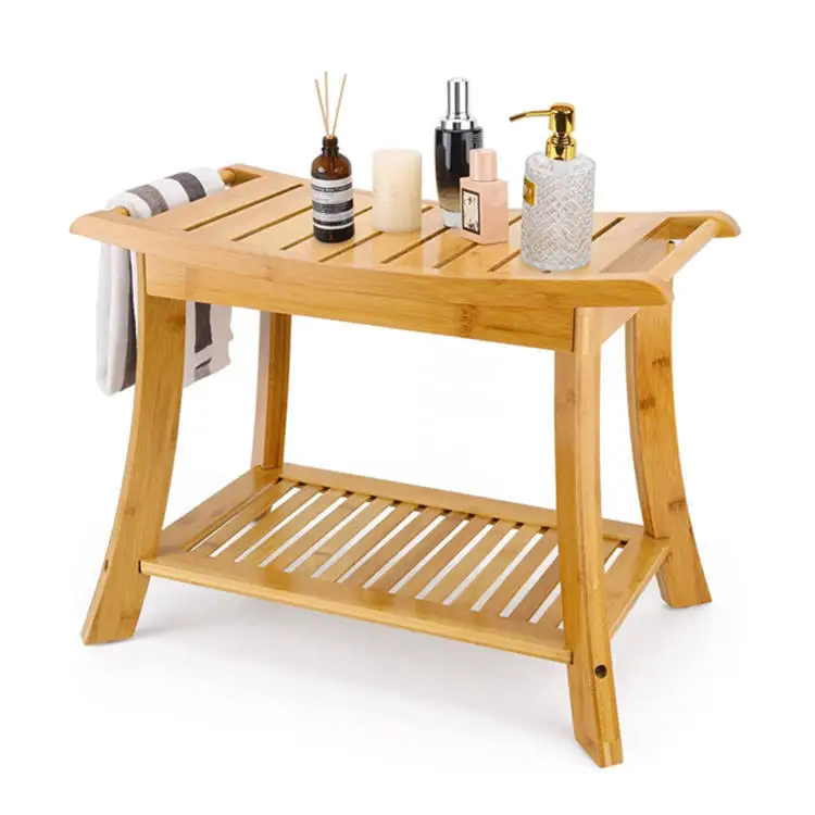 Bathroom 2-story bath Spa seat Non-slip bamboo corner Shower stool with storage shelf Adults the elderly