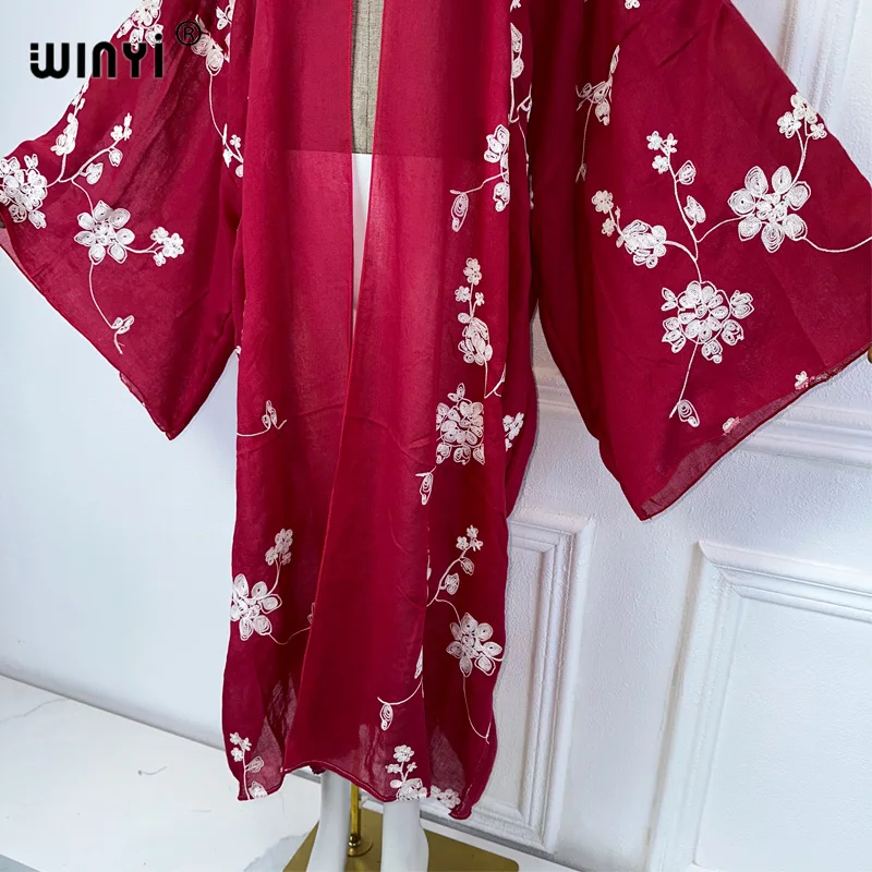 Sukienka WINYI kwiat śliwy haftowany kardigan plaży narzuta na strój kąpielowy moda Boho elegancka seksowna wakacyjna Kimono z długim rękawem