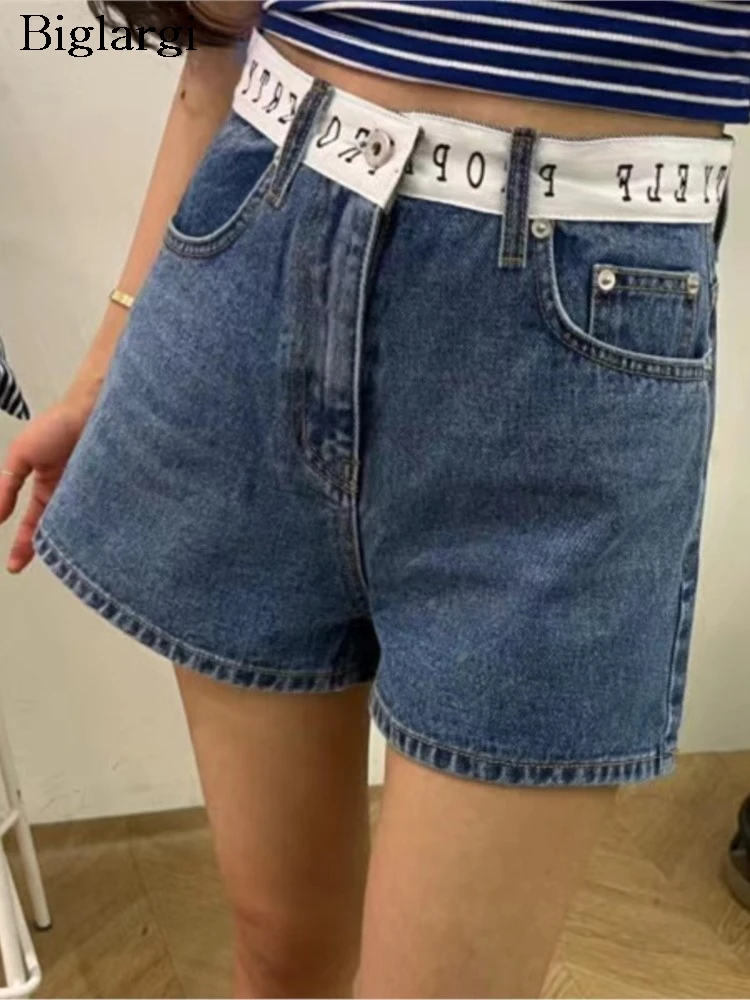 

Jeans Summer Mini Shorts Women Letter Patchwork High Waist Fashion Ladies Trousers Korean Style Loose Wide Leg Woman Shorts