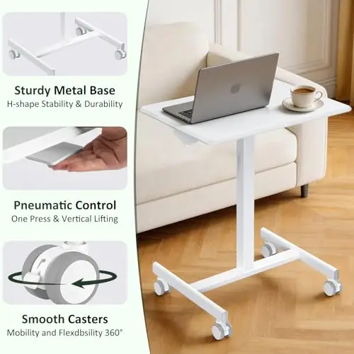 

White Compact Pneumatic Lift Laptop Desk With H-Base Stability And 360° Locking Casters For Home Office Or Dorm Use