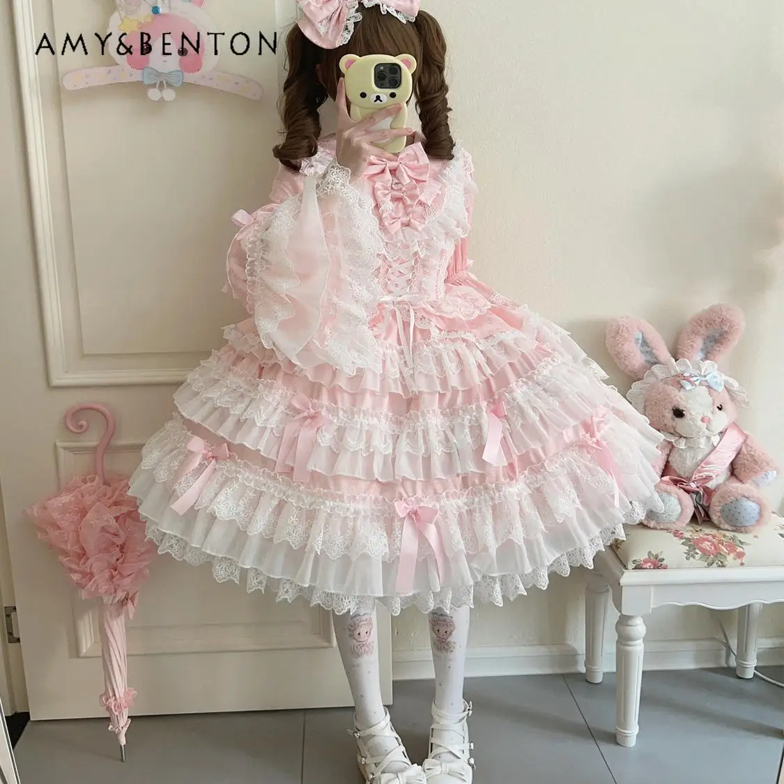 

Original Graceful Lolita Dress Doll Long-sleeved Op Dress for Women Spring Sweet Girl Lace Splicing Color Puff Princess Dresses