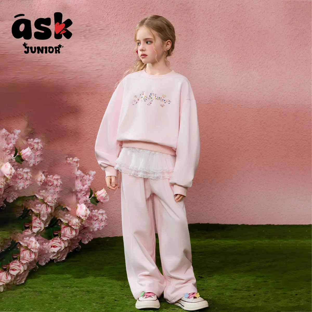 اسأل جونيور [بدلة أطفال] بلوفر ربيعي للفتيات برقبة دائرية وأكمام طويلة وسراويل مستقيمة وبنطلون من قطعتين