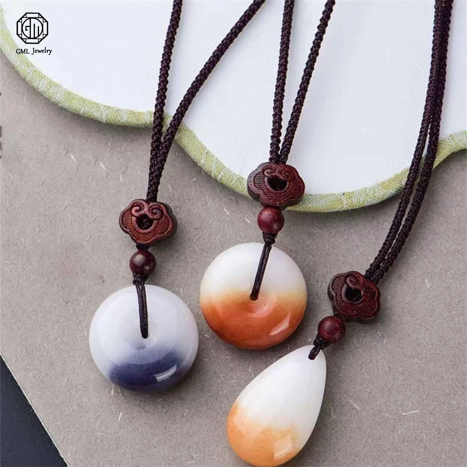 Natural Gold Silk Jade Hetian White Jade Teardrop Peace Lock Pendant Long Chain Sweater Necklace Unisex Men Women Jewelry Gift