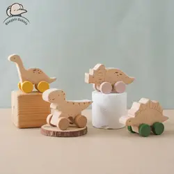 Baby Wooden Beech Car BPA Free  Cartoon Dinosaur Trolley Baby Toy Scene Building Block Hand-decorated Room Handmade Crafts Gifts