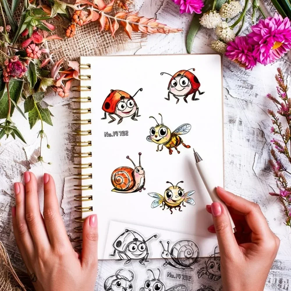 Funny Insects Clear Stamps 5.91x5.91 inch Ladybugs Bees Spiders Snails Silicone Clear Stamp Seals Cartoon Insects Transparent