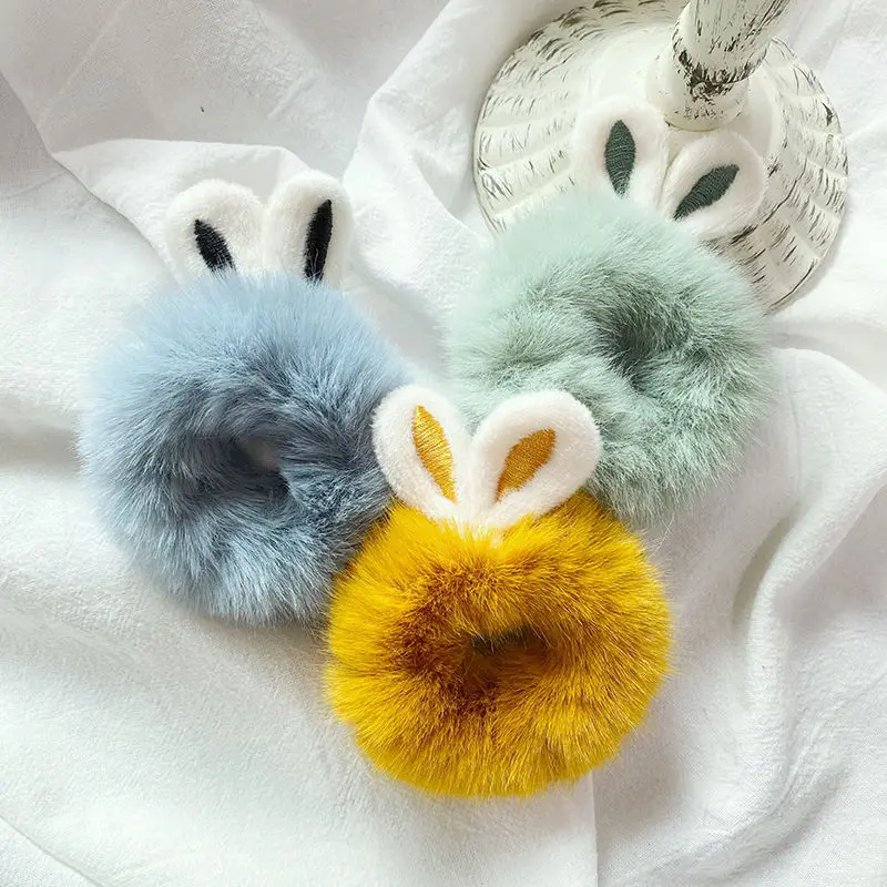 Winter Rabbit Ear Hair Ties Imitation Rabbit Fur Rabbit Ears Elastic Hair Bands Girls Plush Hair Rope Soft Warm Sweet Scrunchies