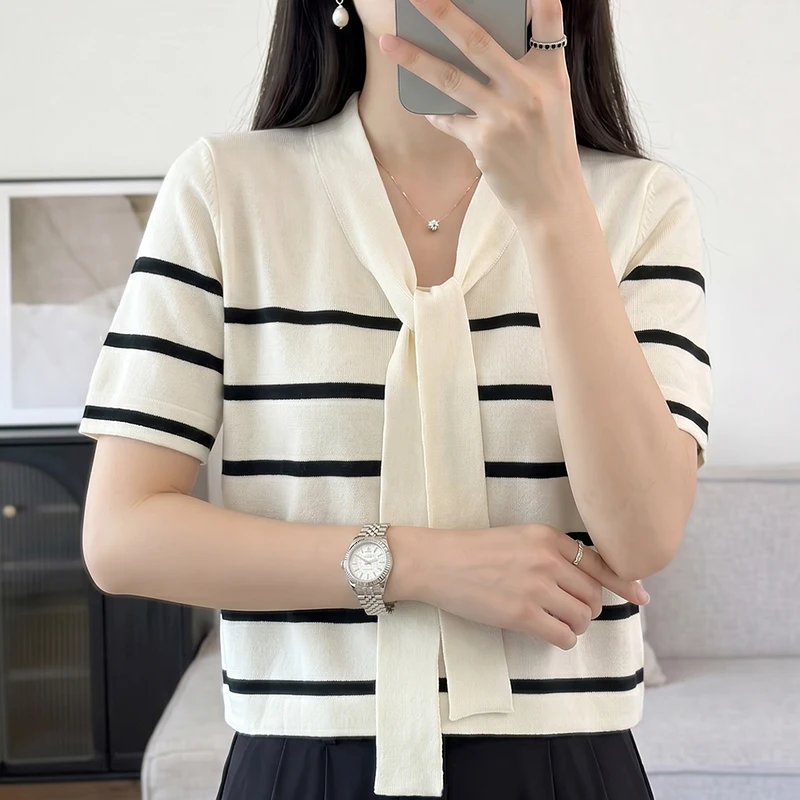 Summer 100% cotton women's T-shirt casual knitted pullover short sleeved loose V-neck lace up T-shirt fashionable hot sellingtop