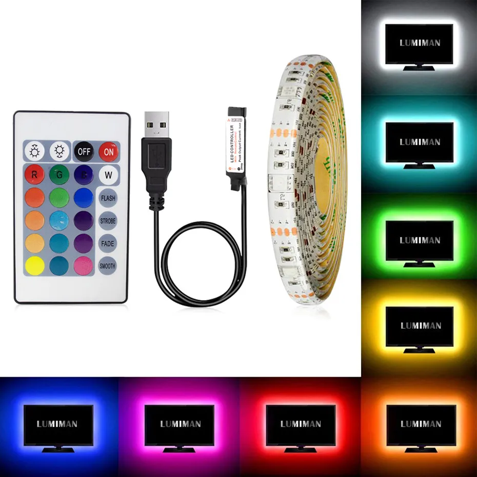 

Adhesive USB LED Strip Light DC 5V RGB Tape Remote Control Flexible Ribbon Lamp SMD 3528 For TV Backlight Decoration Lighting