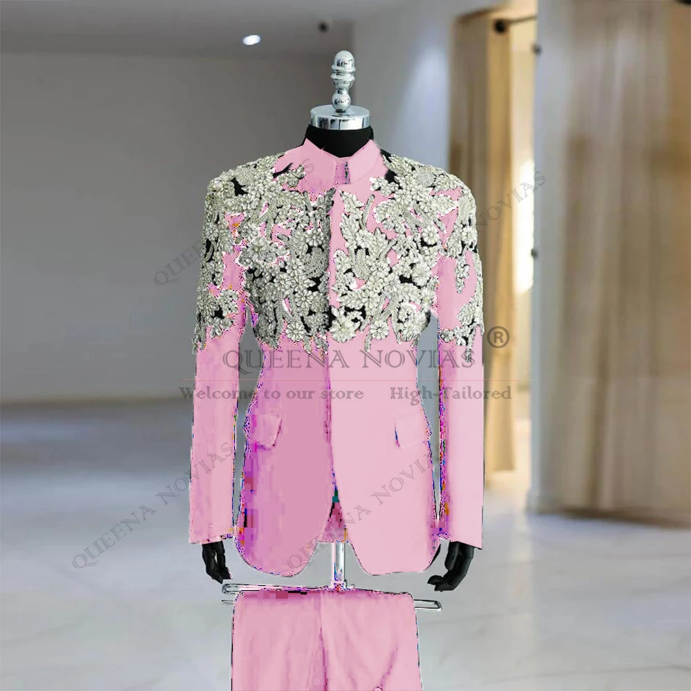 Exclusive Wedding Tuxedos Suits Diamond Beads Embroidered Men's Prom Blazer Stand Collar Jacket Pants 2 Pcs Man Dress Customized