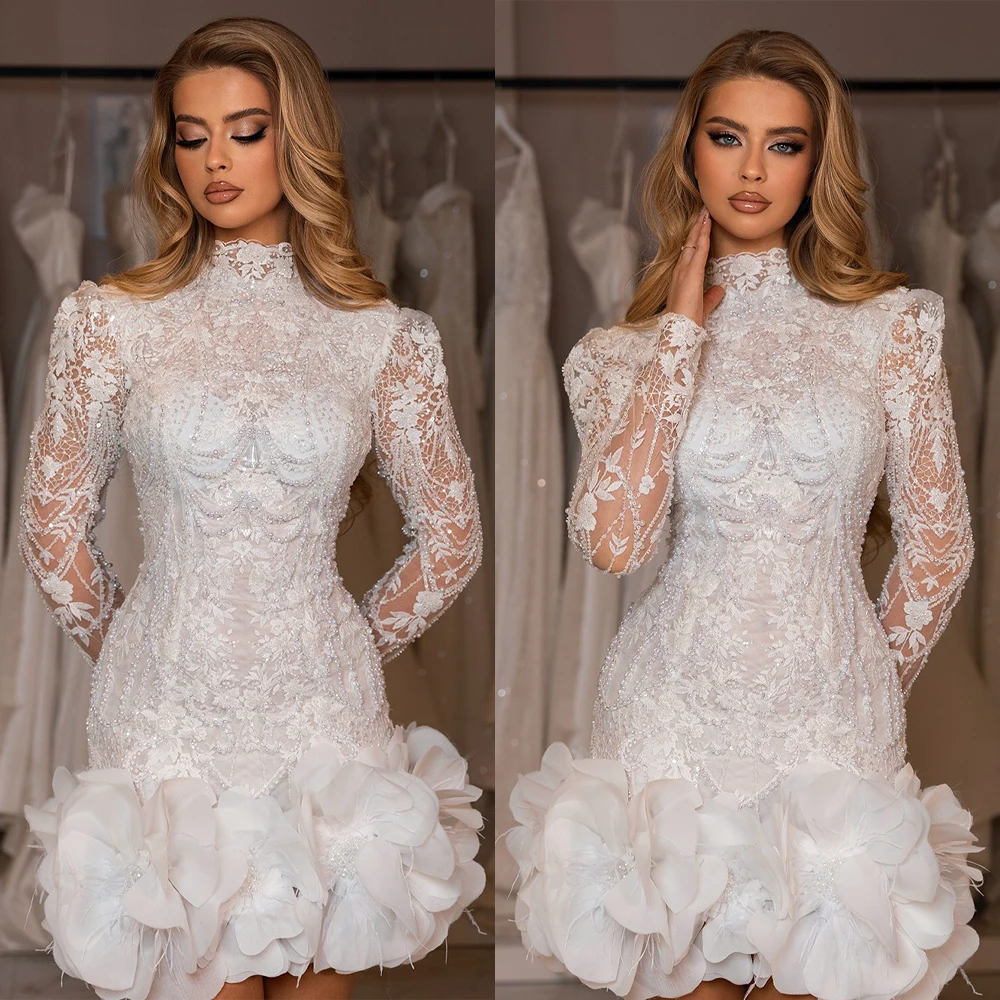 Sparkling Wedding Mini Dress High Collar Long Sleeve Beading Sequins 3D Flowers Bridal Gowns Customized Vestido De Novia