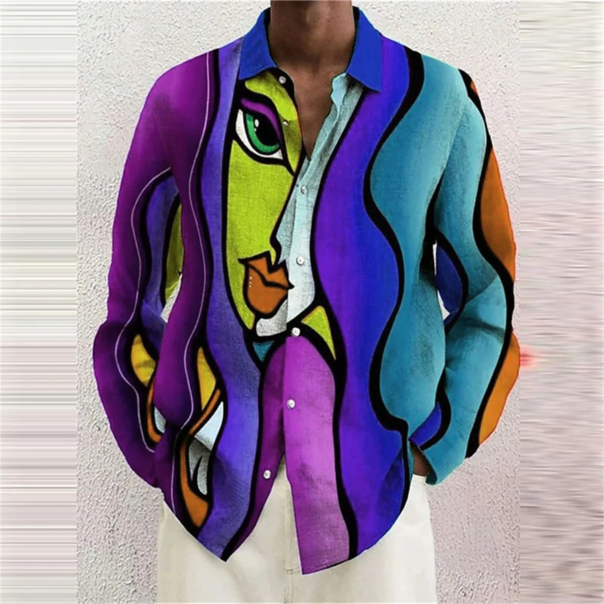 Ladies portrait pattern men\'s shirt abstract lapel 3D printing street long sleeved button clothing painting colored shirt S-6XL