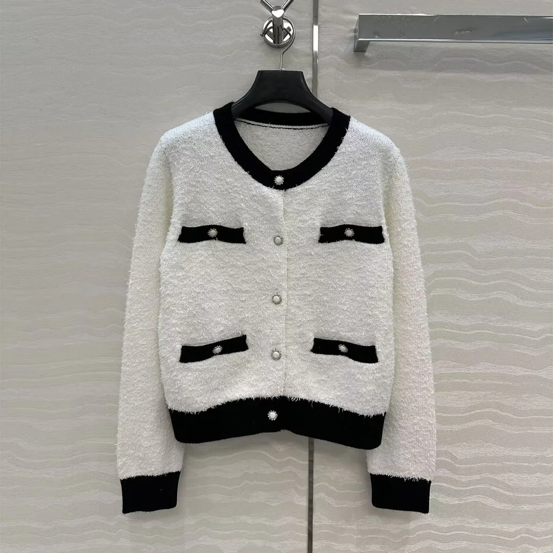 New Autumn Winter Cute Mohair Wool Blends Knitted Cardigans Stripes Patchwork O-neck Long Sleeve Pockets Vintage Sweet Sweater