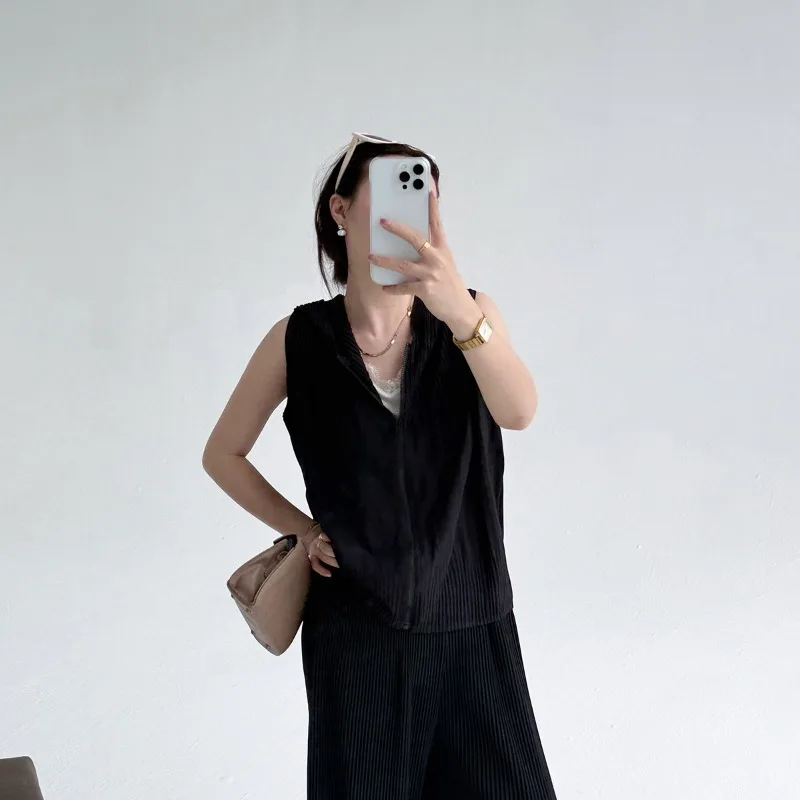 ミヤケ フード付き クロップド ノースリーブ ジッパー カーディガン プリーツ オーバーサイズ ベスト レイヤリング 多用途 着痩せ タンクトップ レディース アウター