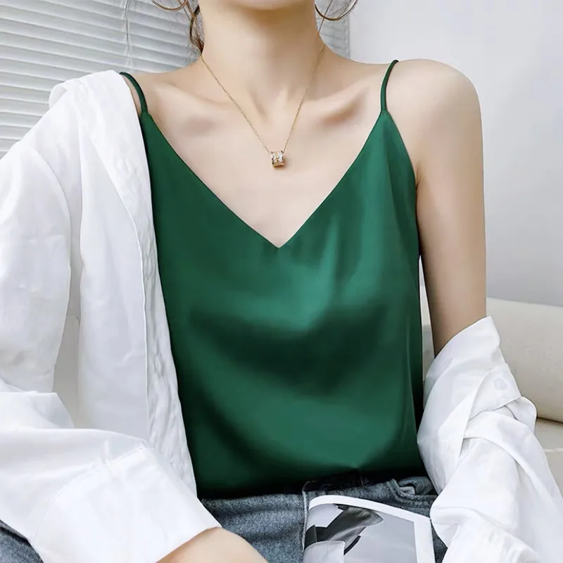 Women's Casual V-Neck Satin Camisole Tank Top Sleeveless Chiffon Halter Neck Avocado Blouse Sexy Solid Color Camisole Top