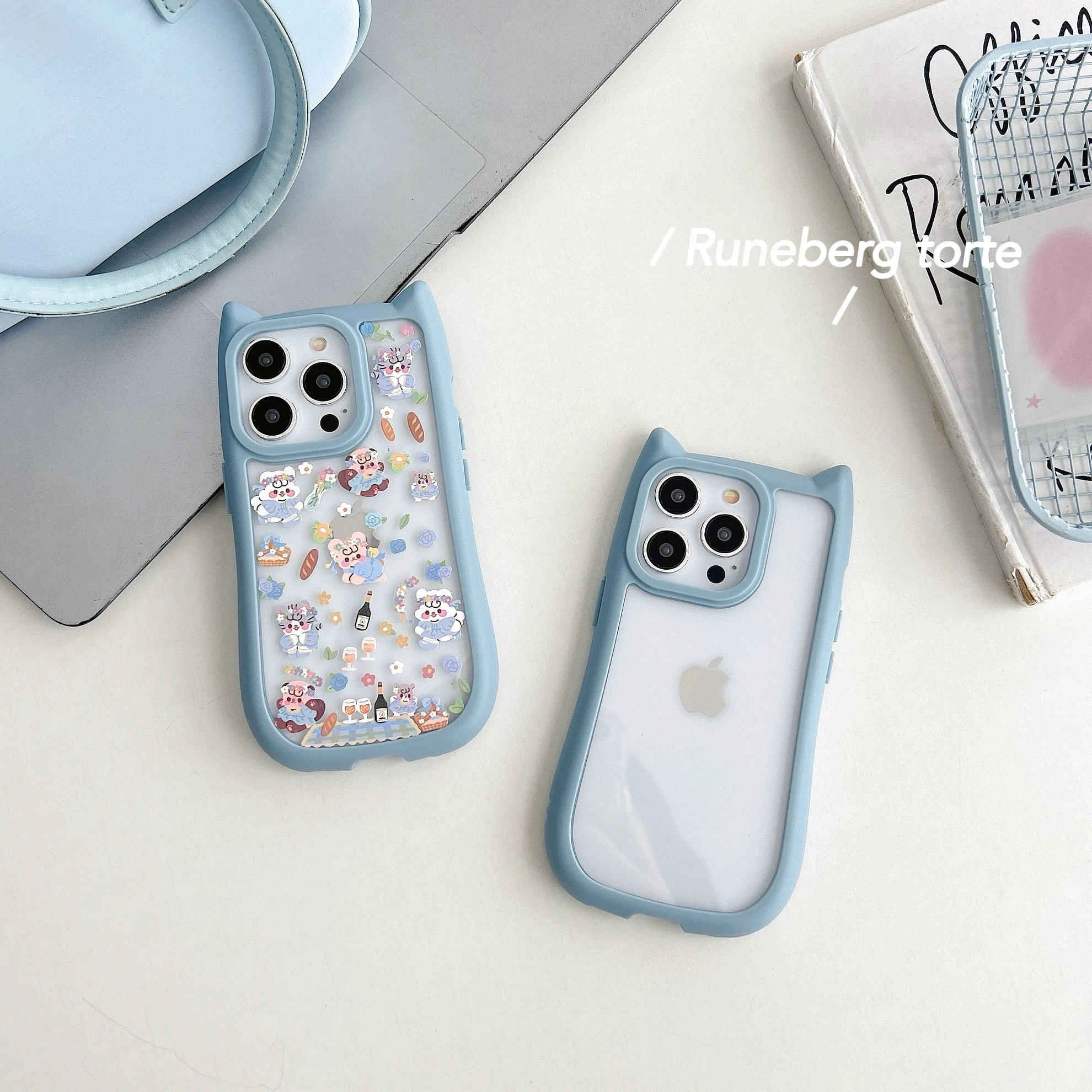 Korean Ins Blue 3D Cat Ears Picnic Bear Flowers Stickers Transparent Phone Case for iPhone 15 14 13 Pro Max 12 Pro 11 Back Cover