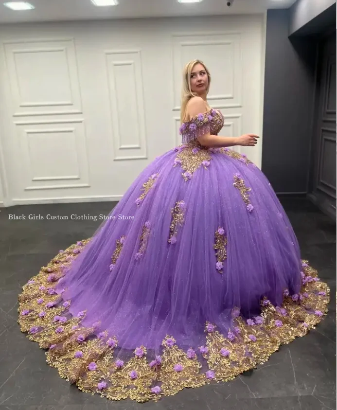 Fantasie Paarse Quinceanera Jurken 2024 Een Schouder Kathedraal Trein 3d Gebloemde Kralen Applique Vestido De 15 Quinceañera