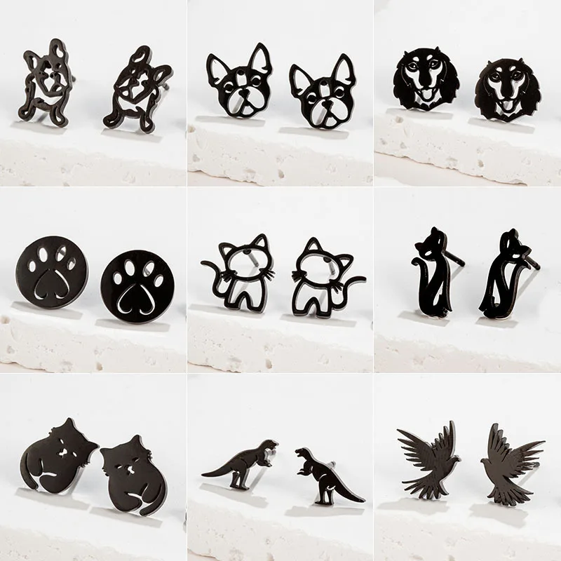Cat Dog Pet Paw Dinosaur Stud Earrings Stainless Steel Gold Plated Earring for Baby Anti-allergic Small  Screw Back Earrings