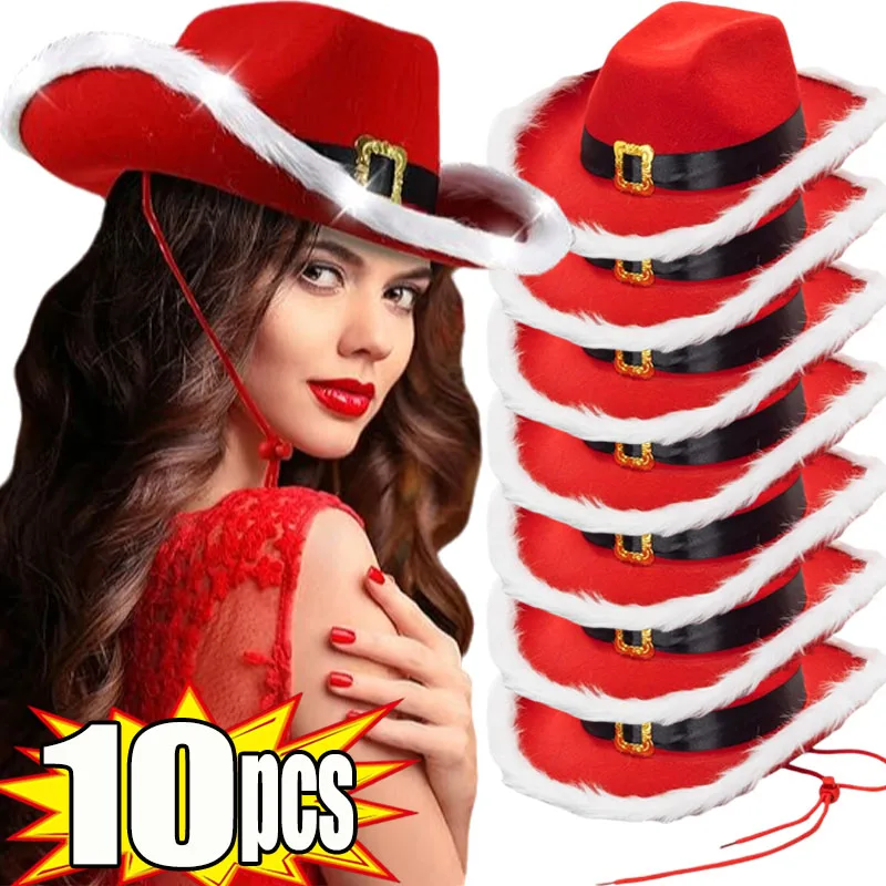 Christmas Party Cowboy Hat Winter Red Felt Feather Hats Adjustable Belts Santa Claus Cap New Year Cosplay Costume Jazz Caps