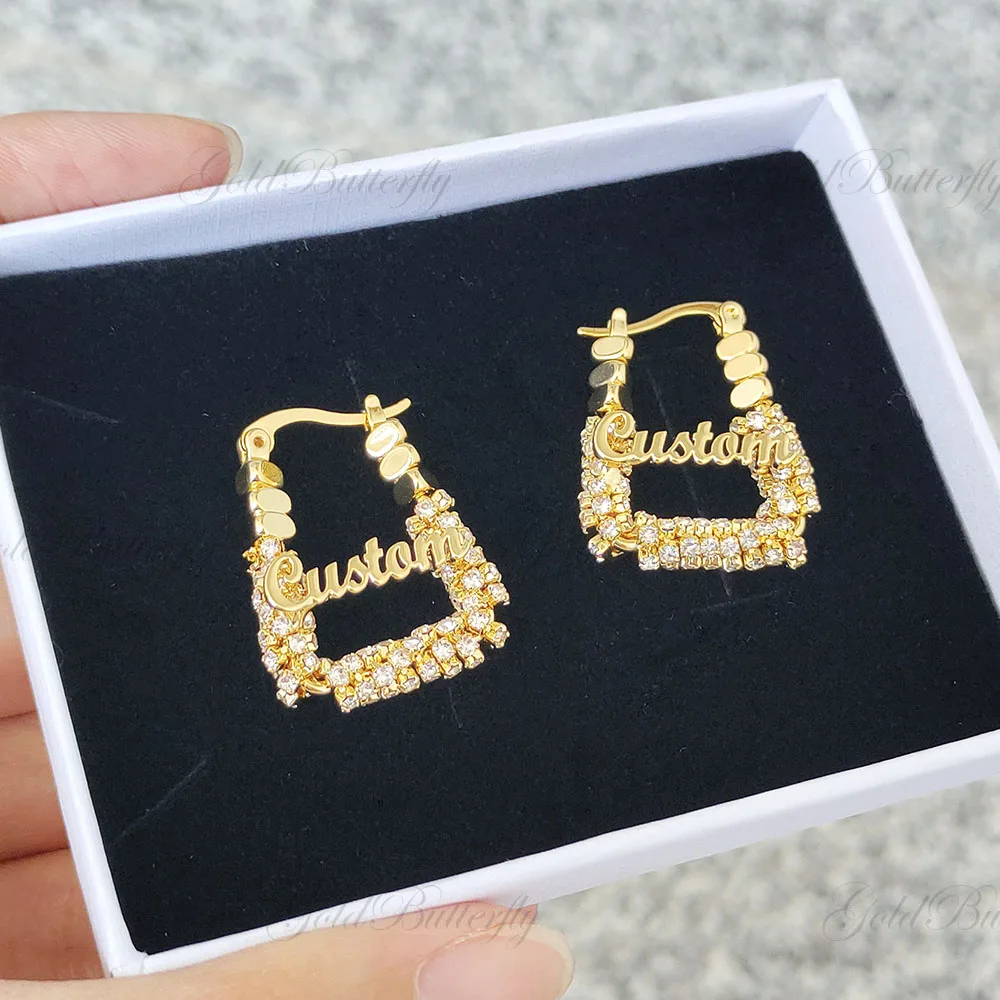 

Персонализированные серьги с именем на заказ, 22 мм, теннисная цепочка, трапециевидные блестящие серьги с именной табличкой для женщин, подарок на день рождения, стильные ювелирные изделия