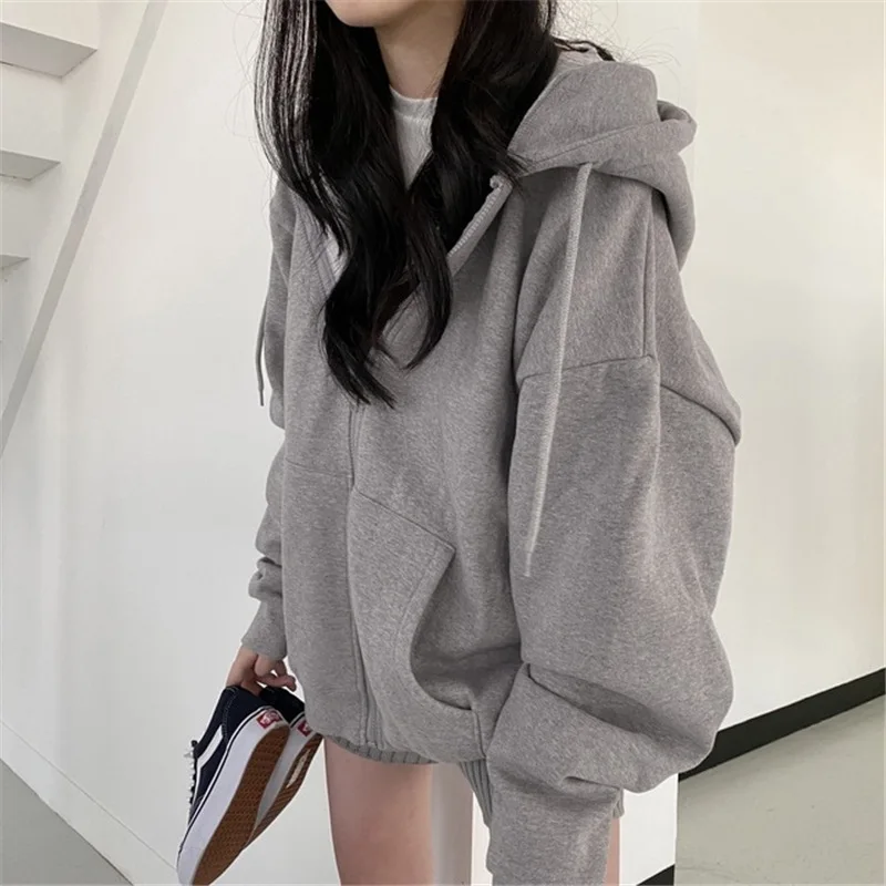 Casual Loose Zip Up Hoodies Women Fashion Korean Solid Pocket Long Sleeve Hood Shirt Streetwear Autumn Jacket Coat Sweatshirt